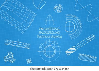 Mechanical engineering drawings on blue background. Tap tools,  borer, cutting tools, milling cutter. Technical Design. Cover. Blueprint. Vector illustration