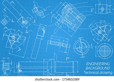 Mechanical engineering drawings on blue background. Tap tools,  borer, cutting tools, milling cutter. Technical Design. Cover. Blueprint. Vector illustration