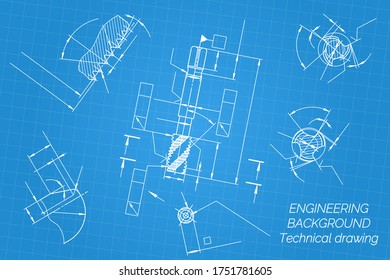 Mechanical engineering drawings on blue background. Tap tools,  borer. Technical Design. Cover. Blueprint. Vector illustration
