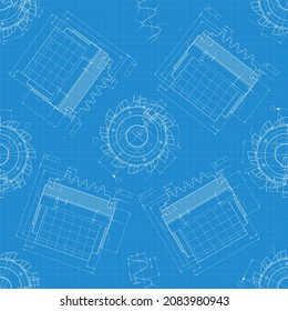 Mechanical engineering drawings on blue background. Cutting tools, milling cutter. Technical Design. Cover. Blueprint. Seamless pattern. Vector illustration