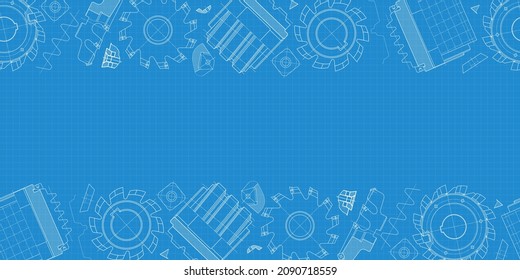 Mechanical engineering drawings on blue background. Cutting tools, milling cutter. Technical Design. Cover. Blueprint. Horizontal seamless pattern. Vector illustration