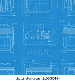 Dibujos mecánicos de ingeniería sobre fondo azul. Herramientas de corte, fresador. Diseño técnico. Cubierta. Blueprint. Patrón sin foco. Ilustración del vector