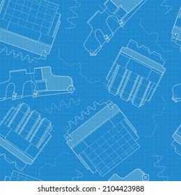 Mechanical engineering drawings on blue background. Cutting tools, milling cutter. Technical Design. Cover. Blueprint. Seamless pattern. Vector illustration