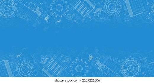 Mechanical engineering drawings on blue background. Cutting tools, milling cutter. Technical Design. Cover. Blueprint. Horizontal seamless pattern. Vector illustration
