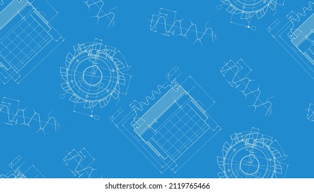 Mechanical engineering drawings on blue background. Cutting tools, milling cutter. Technical Design. Cover. Blueprint. Seamless pattern. Vector illustration.