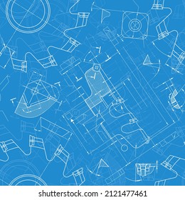 Mechanical engineering drawings on blue background. Cutting tools, milling cutter. Technical Design. Cover. Blueprint. Seamless pattern. Vector illustration.