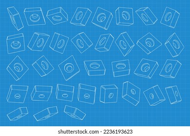 Mechanical engineering drawings on blue background. Cutter, assembly tool with replaceable multi-faceted plate. Technical Design. Cover. Blueprint. Vector illustration.