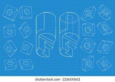 Mechanical engineering drawings on blue background. Cutter, assembly tool with replaceable multi-faceted plate. Technical Design. Cover. Blueprint. Vector illustration.