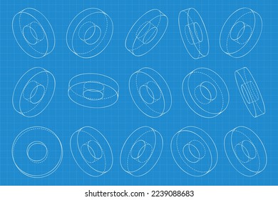 Mechanical engineering drawings on blue background. Cutter, assembly tool with replaceable multi-faceted plate. Technical Design. Cover. Blueprint. Vector illustration.
