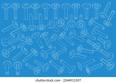 Mechanical engineering drawings on blue background. Cutter, assembly tool with replaceable multi-faceted plate. Technical Design. Cover. Blueprint. Vector illustration.