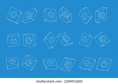 Mechanical engineering drawings on blue background. Cutter, assembly tool with replaceable multi-faceted plate. Technical Design. Cover. Blueprint. Vector illustration.