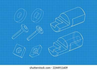 Mechanical engineering drawings on blue background. Cutter, assembly tool with replaceable multi-faceted plate. Technical Design. Cover. Blueprint. Vector illustration.
