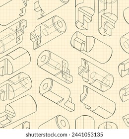 Mechanical engineering drawings on blue background. Cutter, assembly tool with replaceable multi-faceted plate. Technical Design. Cover. Blueprint. Vector illustration.
