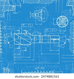 Mechanical engineering drawings on blue background. Tap tools, borer. Technical Design. Cover. Blueprint. Seamless pattern. Vector illustration.