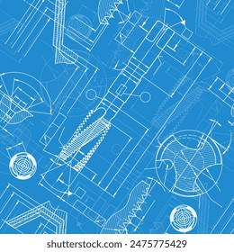 Dibujos de ingeniería mecánica sobre fondo azul. Puntee en herramientas, borde. Diseño técnico. Cubra. Plano. Patrón sin costuras. Ilustración vectorial.