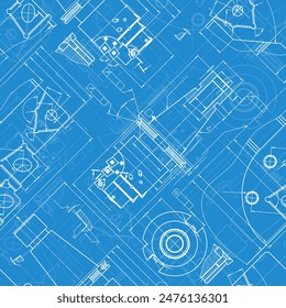 Mechanical engineering drawings on blue background. Tap tools, borer. Technical Design. Cover. Blueprint. Seamless pattern. Vector illustration.