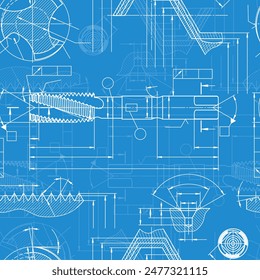 Mechanical engineering drawings on blue background. Tap tools, borer. Technical Design. Cover. Blueprint. Seamless pattern. Vector illustration.