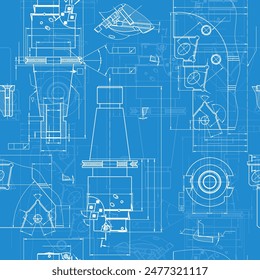 Mechanical engineering drawings on blue background. Tap tools, borer. Technical Design. Cover. Blueprint. Seamless pattern. Vector illustration.