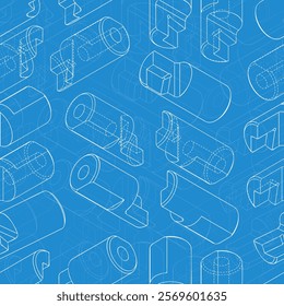 Mechanical engineering drawings on blue background. Cutter, assembly tool with replaceable multi-faceted plate. Technical Design. Cover. Blueprint. Vector illustration.