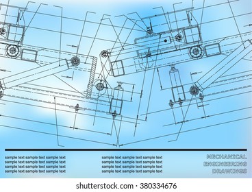 Mechanical engineering drawings on a blue background. For inscriptions. Vector