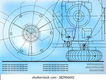 Mechanical engineering drawings on a blue background. Vector. Blue background for inscription