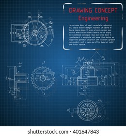 Mechanical engineering drawings on blue blackboard. Vector illustration