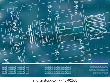 Mechanical Engineering Drawings On A Blue Background. Vector. Cover, Background For Inscription Labels. Points