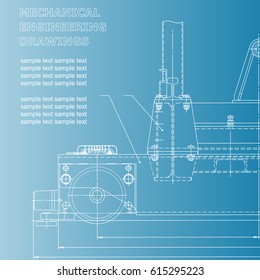 Mechanical engineering drawings on a blue and white background