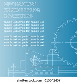 Mechanical engineering drawings on a blue background