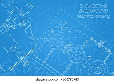 Mechanical engineering drawings on blue background. Reducer. Technical Design. Cover. Blueprint. Vector illustration.