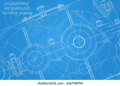 Mechanical engineering drawings on blue background. Reducer. Technical Design. Cover. Blueprint. Vector illustration.