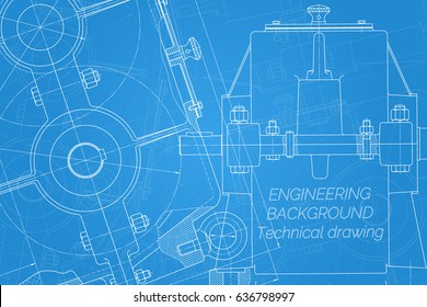 Mechanical engineering drawings on blue background. Reducer. Technical Design. Cover. Blueprint. Vector illustration.