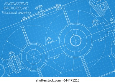 Mechanical engineering drawings on blue background. Reducer. Technical Design. Cover. Blueprint. Vector illustration.