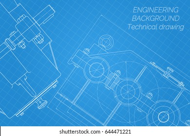 Mechanical engineering drawings on blue background. Reducer. Technical Design. Cover. Blueprint. Vector illustration.