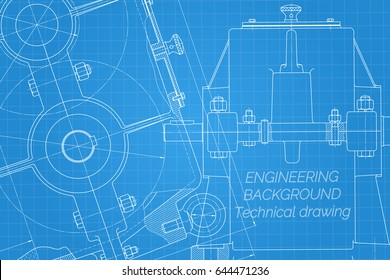 Mechanical engineering drawings on blue background. Reducer. Technical Design. Cover. Blueprint. Vector illustration.