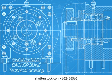 Mechanical engineering drawings on blue background. Milling machine spindle. Technical Design. Cover. Blueprint. Vector illustration.