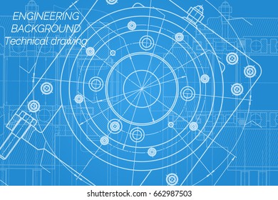 Mechanical engineering drawings on blue background. Milling machine spindle. Technical Design. Cover. Blueprint. Vector illustration.