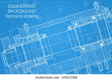 Mechanical engineering drawings on blue background. Milling machine spindle. Technical Design. Cover. Blueprint. Vector illustration.