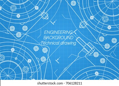 Mechanical engineering drawings on blue background. Milling machine spindle. Technical Design. Cover. Blueprint. Vector illustration.