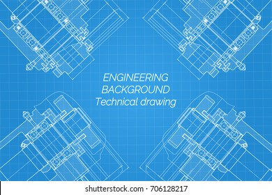 Mechanical engineering drawings on blue background. Milling machine spindle. Technical Design. Cover. Blueprint. Vector illustration.