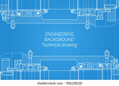 Mechanical engineering drawings on blue background. Milling machine spindle. Technical Design. Cover. Blueprint. Vector illustration.
