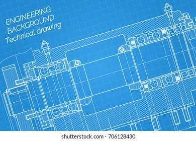 Mechanical engineering drawings on blue background. Milling machine spindle. Technical Design. Cover. Blueprint. Vector illustration.