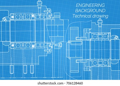 Mechanical engineering drawings on blue background. Milling machine spindle. Technical Design. Cover. Blueprint. Vector illustration.