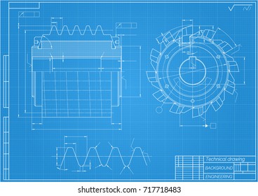 Mechanical engineering drawings on blue background. Cutting tools, milling cutter. Technical Design. Cover. Blueprint. Vector illustration.
