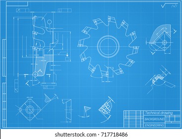 Mechanical engineering drawings on blue background. Cutting tools, milling cutter. Technical Design. Cover. Blueprint. Vector illustration.