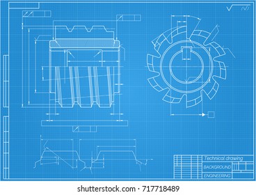 Mechanical engineering drawings on blue background. Cutting tools, milling cutter. Technical Design. Cover. Blueprint. Vector illustration.