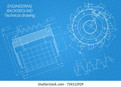 Mechanical engineering drawings on blue background. Cutting tools, milling cutter. Technical Design. Cover. Blueprint. Vector illustration.