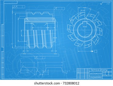 Mechanical engineering drawings on blue background. Cutting tools, milling cutter. Technical Design. Cover. Blueprint. Vector illustration.