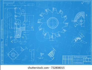 Mechanical engineering drawings on blue background. Cutting tools, milling cutter. Technical Design. Cover. Blueprint. Vector illustration.