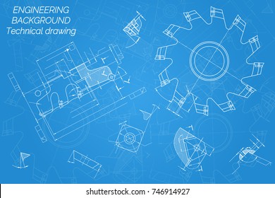 Mechanical engineering drawings on blue background. Cutting tools, milling cutter. Technical Design. Cover. Blueprint. Vector illustration.